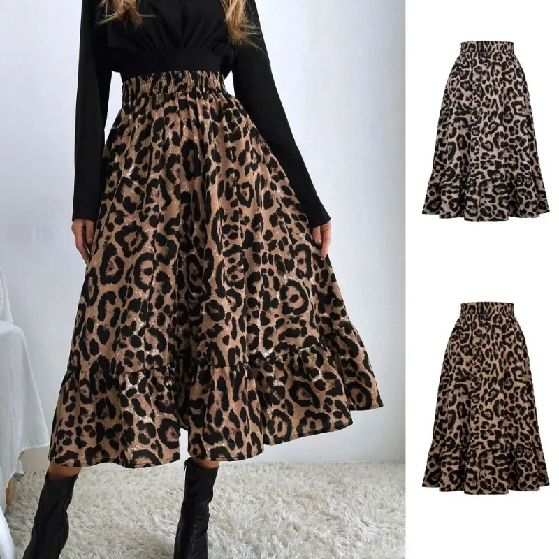 

Vintage Leopard Print Long Skirt For Women 2025 Summer Fashion Sexy Women's High Waist Loose Maxi Skirt Chiffon Elastic Skirts