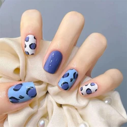 24P/Set Blue Leopard Print Round Head Wearing False Nails Korean French Press on Nail for Girls Full Cover Artificial Fake Nails