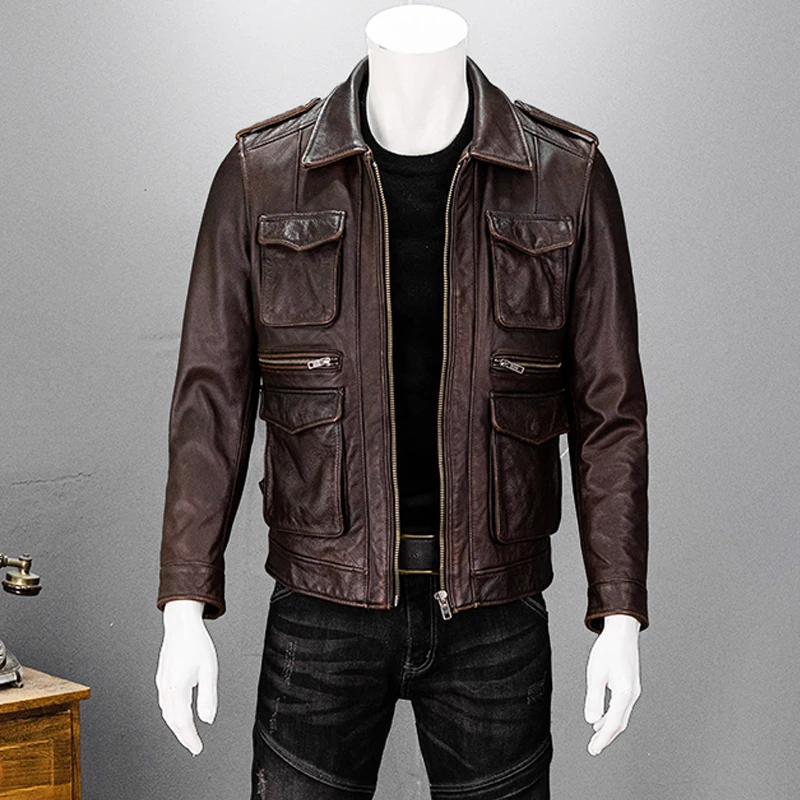 Vintage Red Brown Autumn Leather Jacket Men Safari Style Plus Size 6XL Natuarl Cowhide Four Pockets Genuine Leather Coat