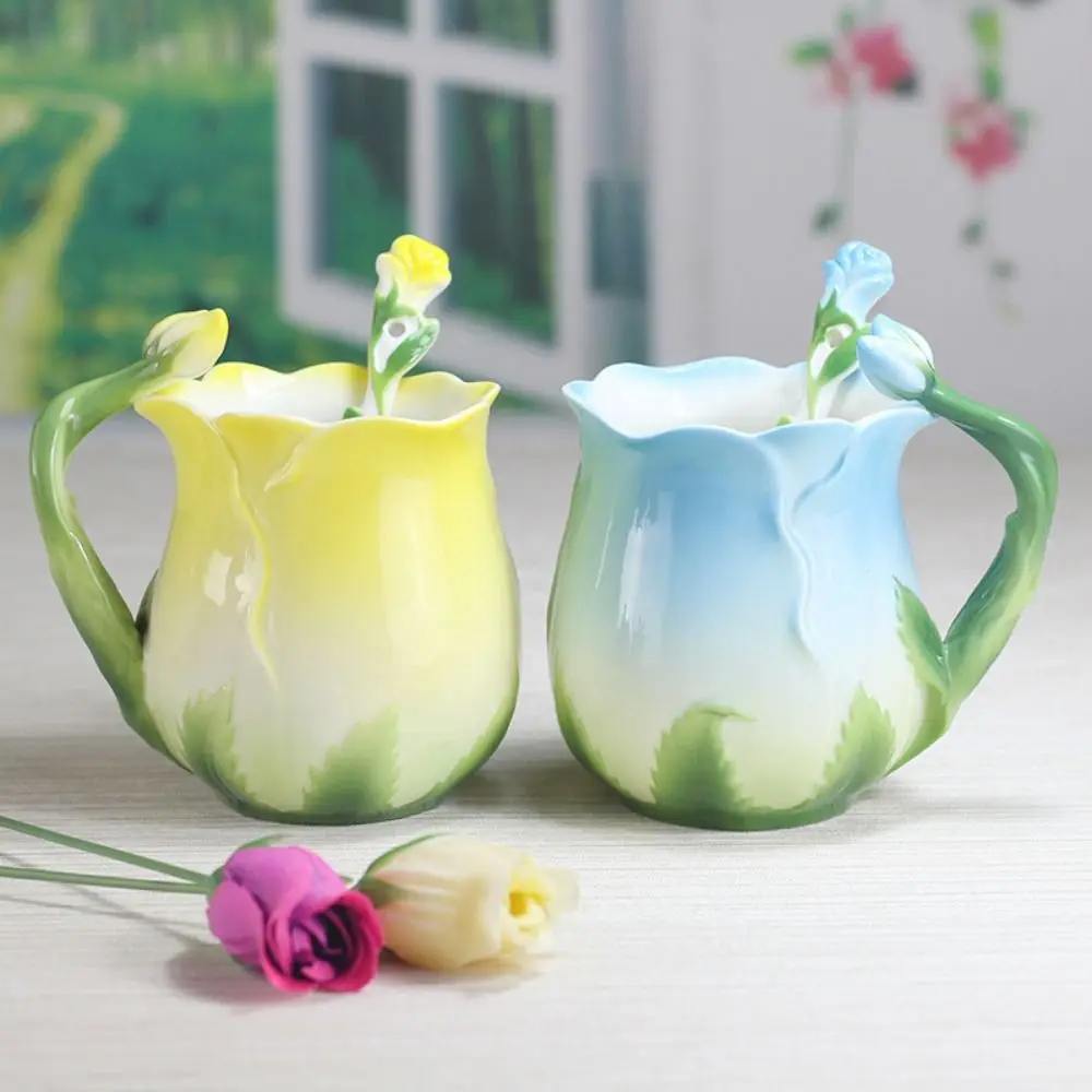 with Spoon 3D Rose Flower Coffee Mug Rose Shape Comfortable Handle Creative Ceramic Water Cups Hand-painted Realistic