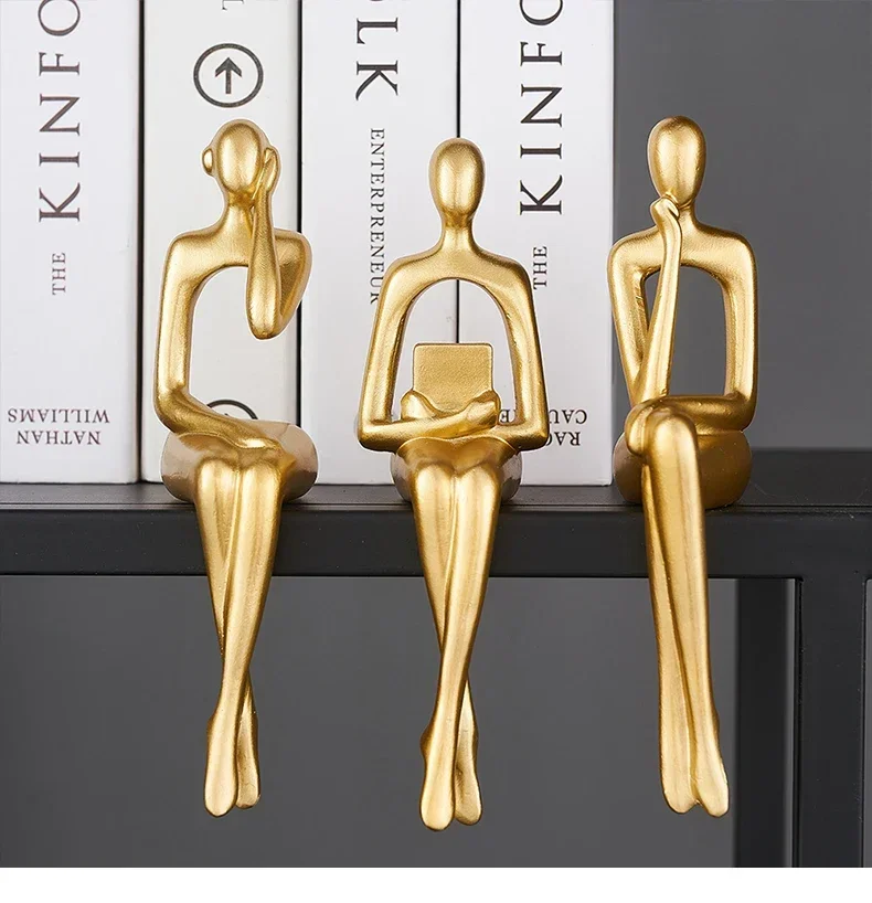 3PCS Nordic Abstract Character Resin Thinker Sculpture Decorative Art Golden Statue Home Decoration Bookshelf Desktop Crafts