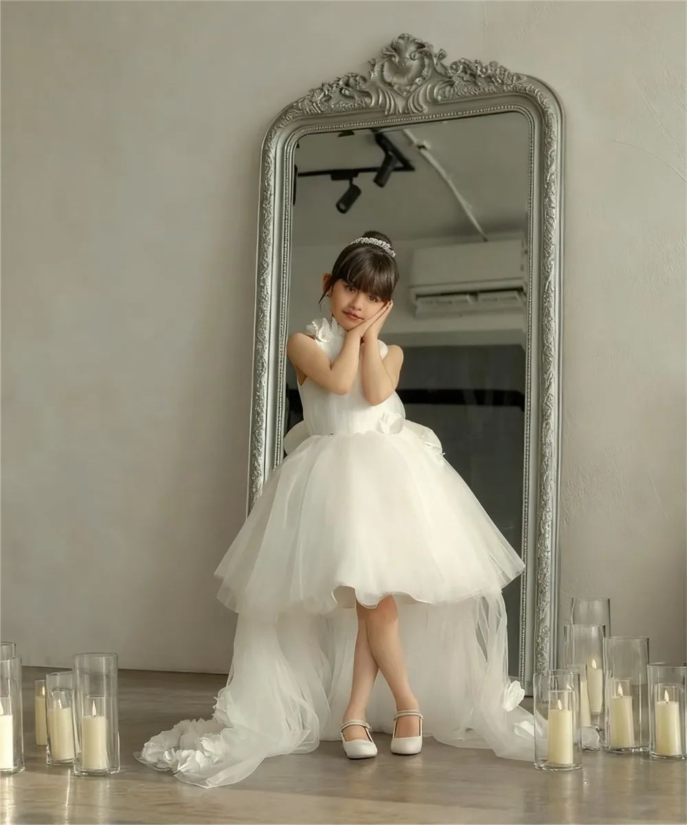 Maßgeschneidertes Blumenmädchenkleid für die Hochzeit, Blumenapplikation, bauschig, ärmellos, Tüll, Geburtstagsfeier, Baby-Erstkommunion-Ballkleid