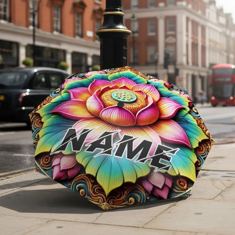 Custom Name Umbrella Colorful Embossed Lotus Mandala Ornate Floral Pattern Print Folding Travel Parasol Ethnic Decor Gift