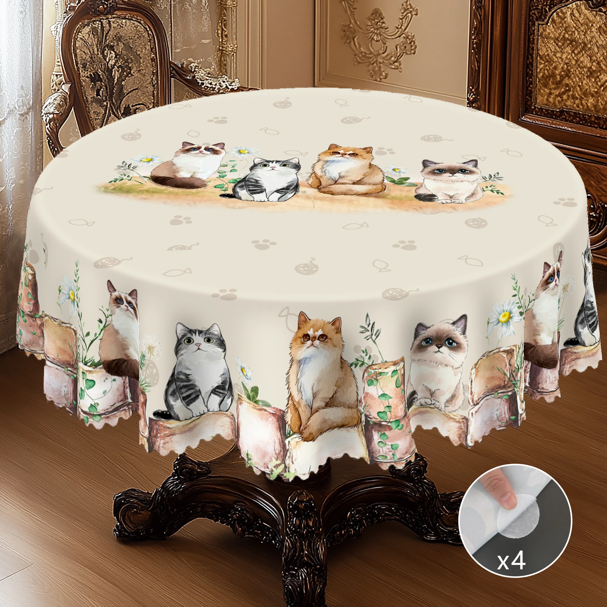 1 Spring Cat Theme Round and Rectangular Tablecloth, Available in Various Sizes, Retro Cat and Paw Print Pattern Design, Farmhouse, Spring and Summer, Suitable for Home Kitchen, Tablecloth for Afternoon Tea, Suitable for Cat Lovers as Gifts