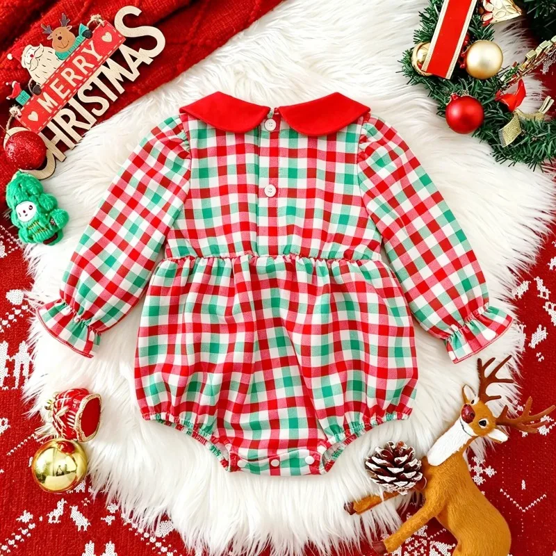 Infant Baby Girl Christmas Plaid Bubble Romper Long Sleeve Smocked Bodysuit With Santa Tree Print And Red Collar Outfit 0 24M