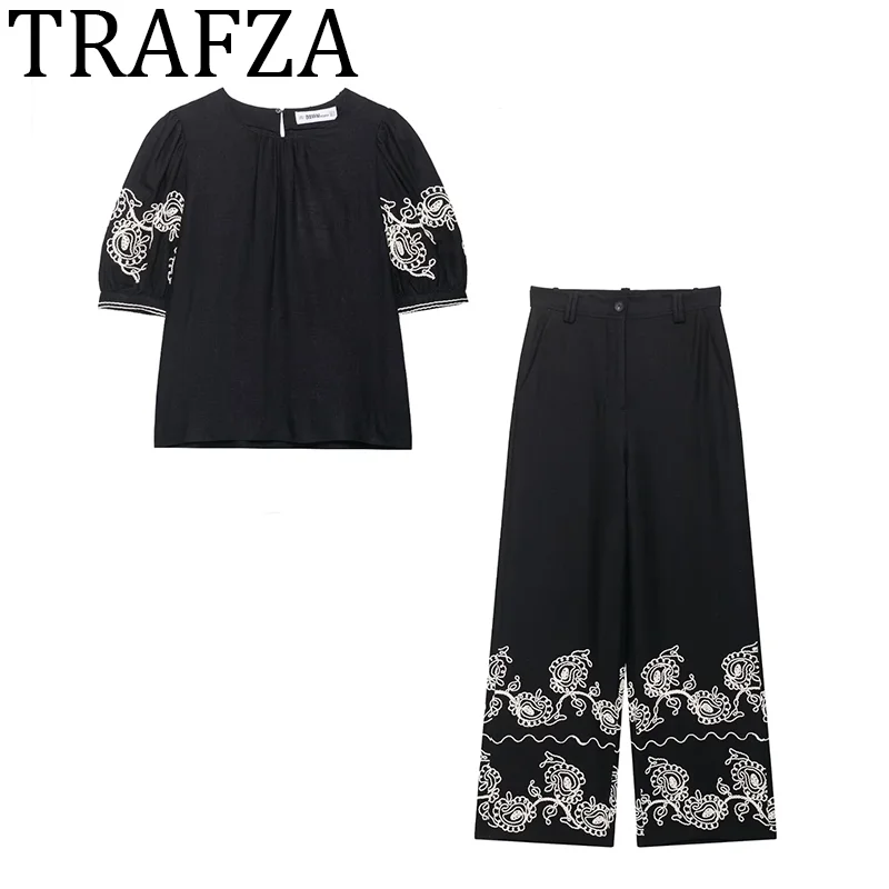 

TRAFZA Women's Suit Embroidered Top+Loose Culottes 2 Pieces Set For Woman Pants Sets 2025 Elegant Summer Casual Outfit
