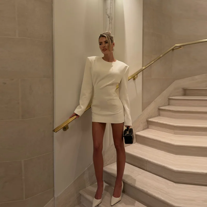 Feminino elegante ombro acolchoado terno saia chique manga comprida em torno do pescoço mini vestido nova moda cintura alta topo roupas minimalistas