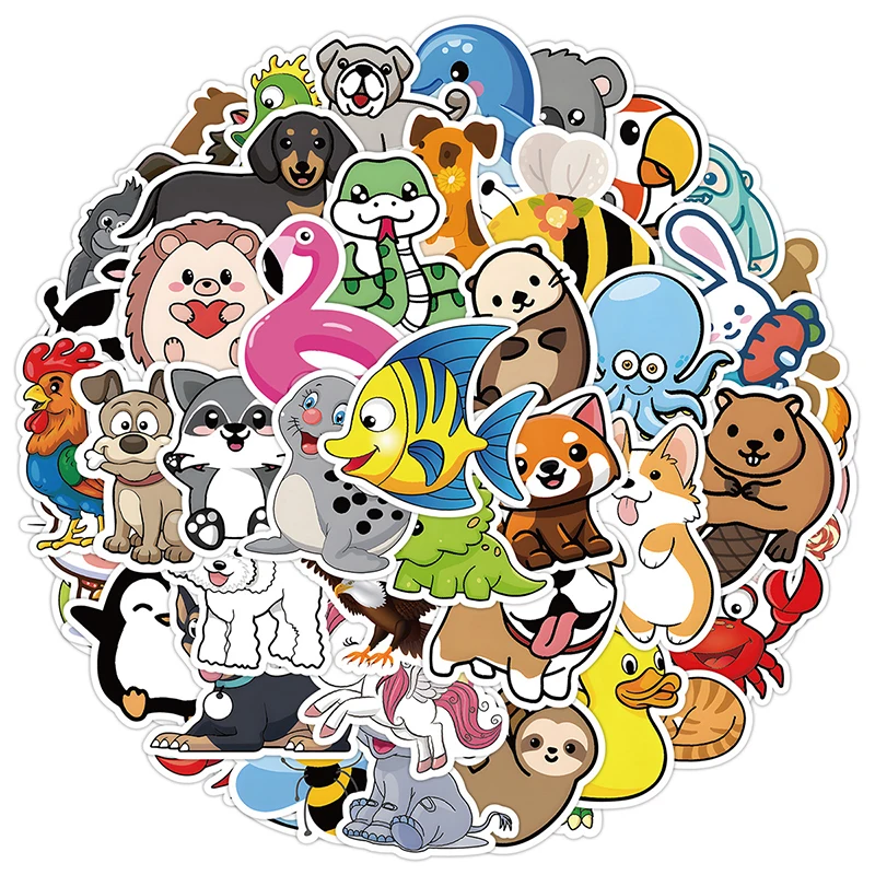 50PCS Cute Animal Stickers Colorful Cartoon Animal Sticker Waterproof Vinyl Zoo Animal Decal Water Bottle Laptop Scrapbooking