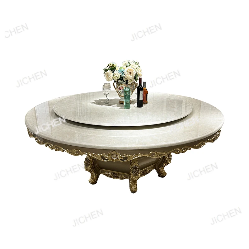 

Комбинация обеденного стола и стула из французского мрамора, роскошный европейский круглый обеденный стол с электрическим поворотным столом, большой стол для виллы