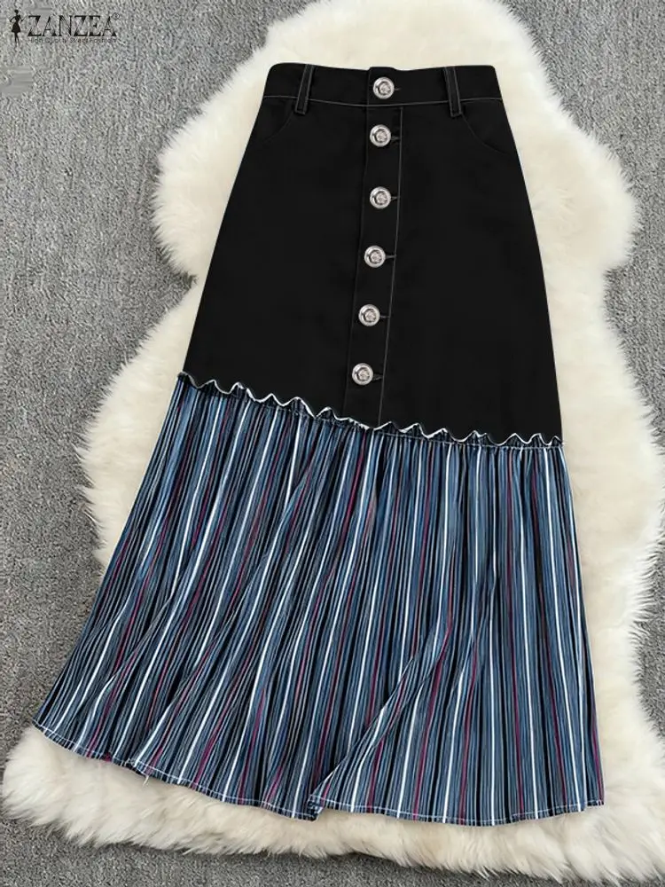 2025 ZANZEA Autumn Women Denim Long Skirts High Waist Patchwork Printing Jupes Faldas Saia Casual Loose Buttons Ruffled Skirts