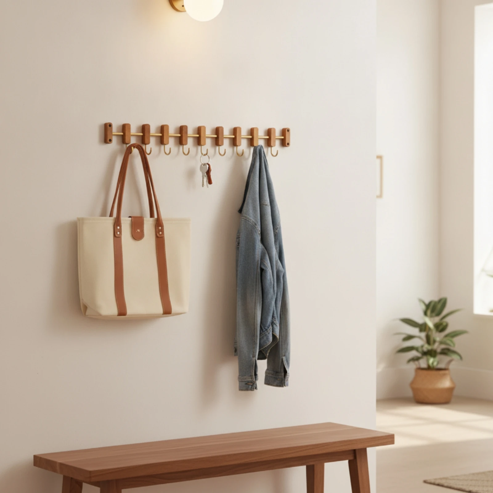 Wall Coat Rack with Sliding Hooks Space-Saving Wooden Hook Rack with Metal Rod Adjustable Wall Hanger Stylish Organizer view 6