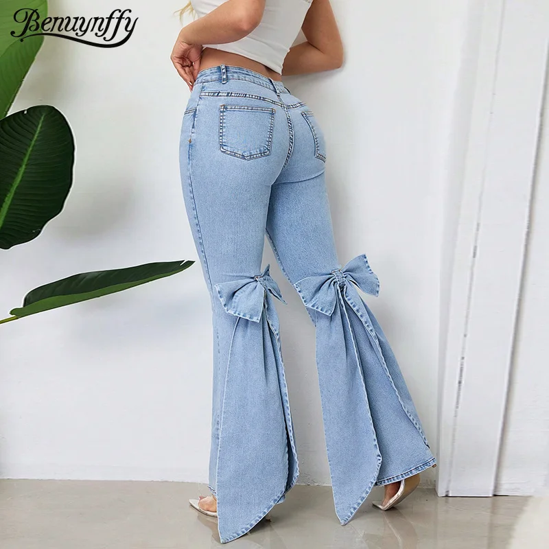 

Benuynffy Vintage Back Bowknot Denim Flare Pants Women's Streetwear Fashion Y2k Mid Waisted Slim Stretch Bell Bottom Jeans