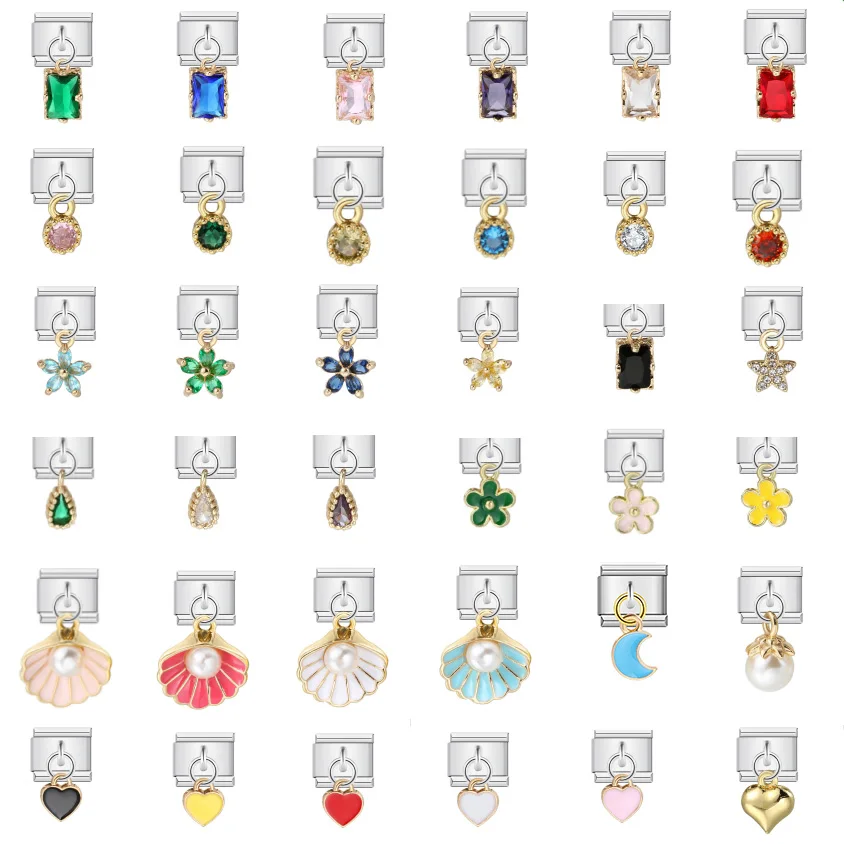 Y2k Buntes italienisches Charm-Armband mit Muschelperlen, Blumen und Kristallen, niedlicher Anhänger, Steinarmreif, Modeschmuck – Detail 1