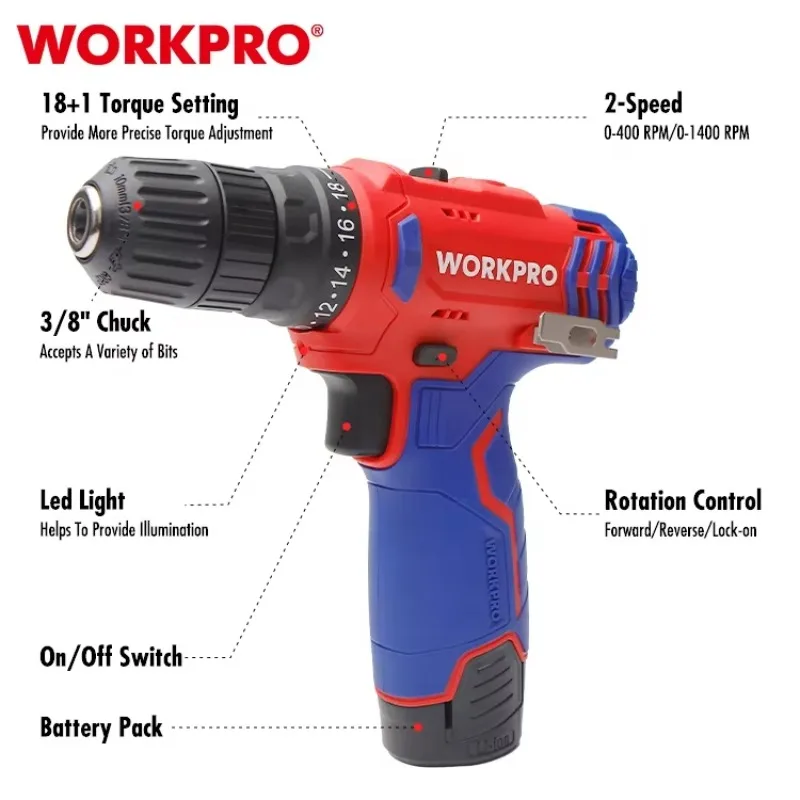 12V 10mm Cordless Drill Cordless Power Tool Include Li-ion Battery 18+1 Torque Setting Cordless Drill