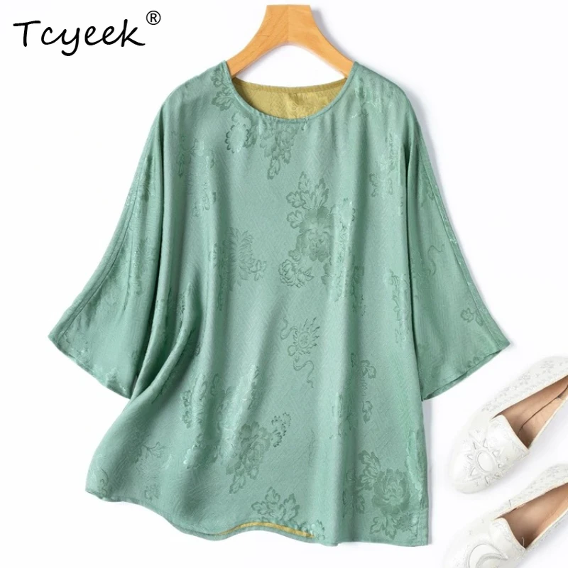 Tcyeek-Camiseta 100% de seda auténtica para mujer, camiseta con cuello redondo y mangas de murciélago, Top reversible, ropa femenina, Tops de Mujer, primavera y verano 2026