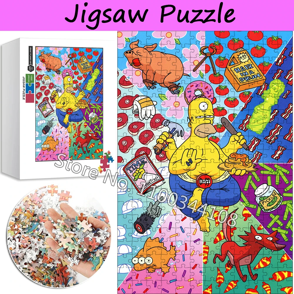 Disney 300/500/1000 Pieces Jigsaw Puzzles Funny Simpson Cartoon Food Puzzle for Children's Educational Toys Kids Handmade Gifts