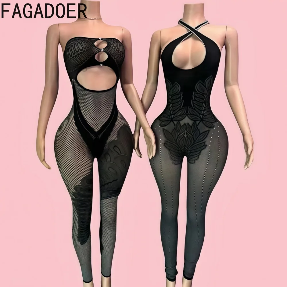 Fagadoer-女性の厚手の中空ニットボディコンジャンプスーツ、ノースリーブプレイスーツ、伸縮性のあるオーバーオール、裸の肩、セクシーなファッション、1個