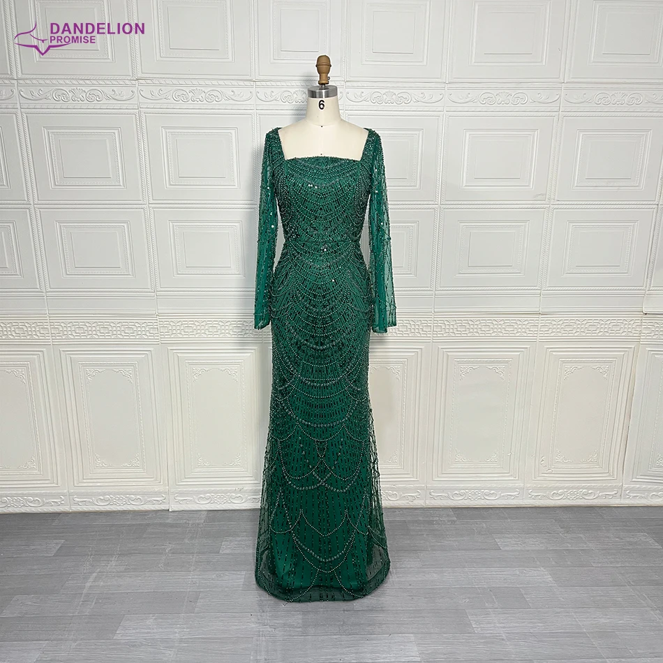 Elegant Mermaid Pearls Evening Dress for Women Dubai Arabic Muslim Long Sleeves Square Collar Formal Prom Wedding Party Gowns