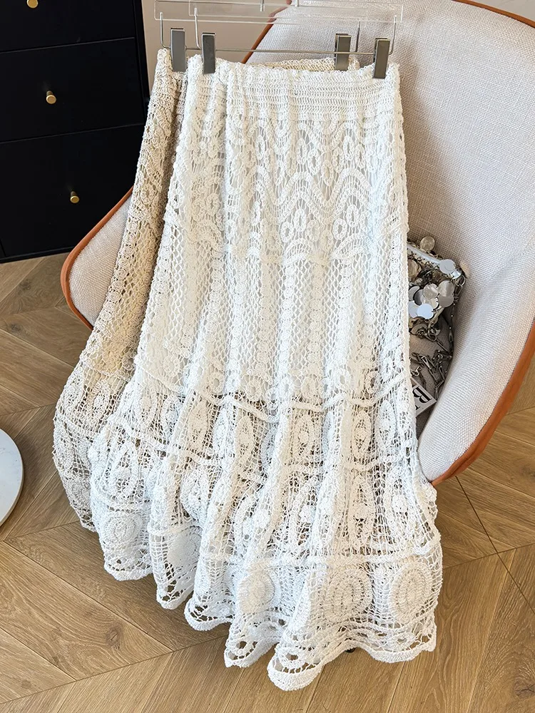 Retro Knitted Lace Hollow out Half Skirt Women's Summer Bohemian Beach Vacation Gown A-Line Long Skirt Elastic Waist