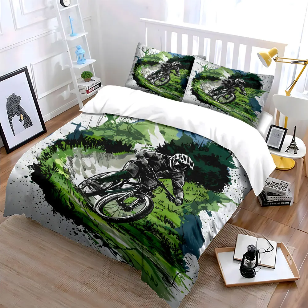 Cyclist riding through green terrain Duvet Cover Set with 3D Printing Design Soft Polyester Bedding Set All-Season Comfort