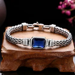 HX Silver Color Handwoven Handmade Bracelet 5MM Men's Blue Zircon Set Trendy Retro Vintage Bracelet Ins Jewelry