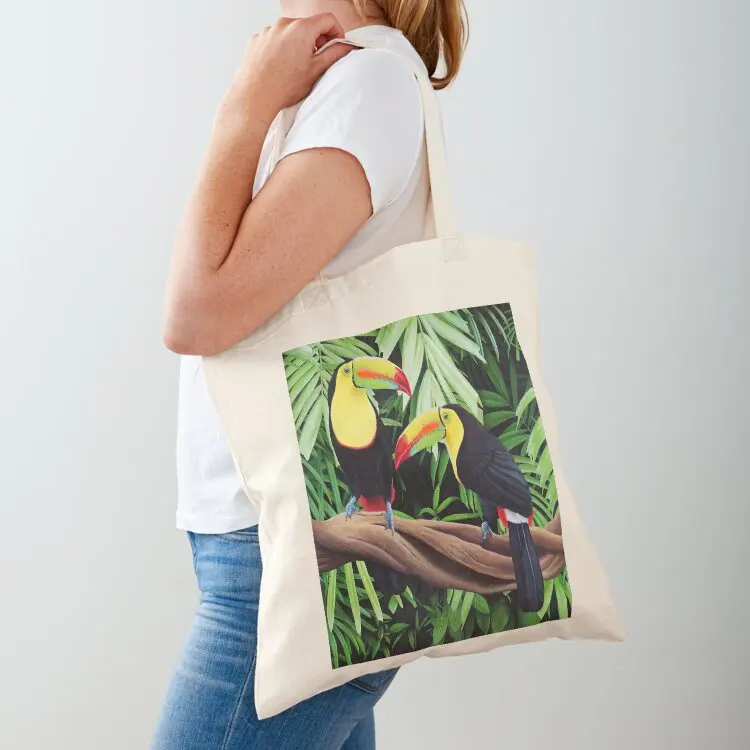 

Two Toucans in the Jungle on a Branch - Tropical and Colorful Illustration Tote Bag cute pouch bag Shopper