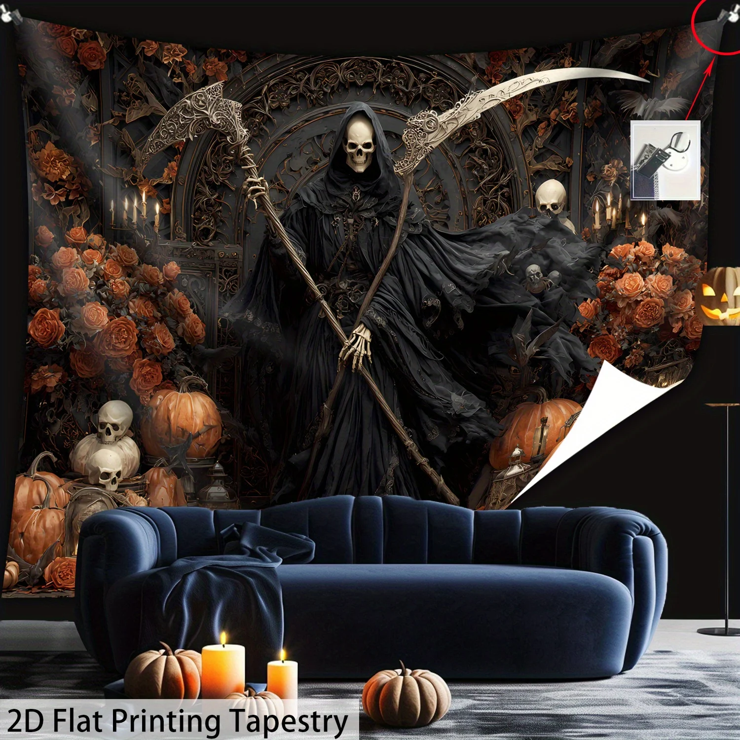 Halloween Grim Reaper Tapestry, Skeleton with Scythe and Pumpkin Print, Gothic Wall Hanging for Bedroom Living Room Horror Decor