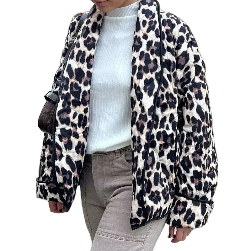 Women\'s Leopard Print Cotton Jacket Lapel Pocket Cardigan Style Warm Fashionable Casual New