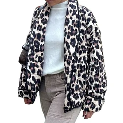 Women's Leopard Print Cotton Jacket Lapel Pocket Cardigan Style Warm Fashionable Casual New