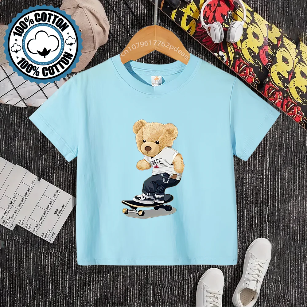 Kids Summer Creative Skateboard Bear Print 100% Cotton T-shirt Boys Girls Comfortable Casual Short sleeve teen top Cotton T-shir