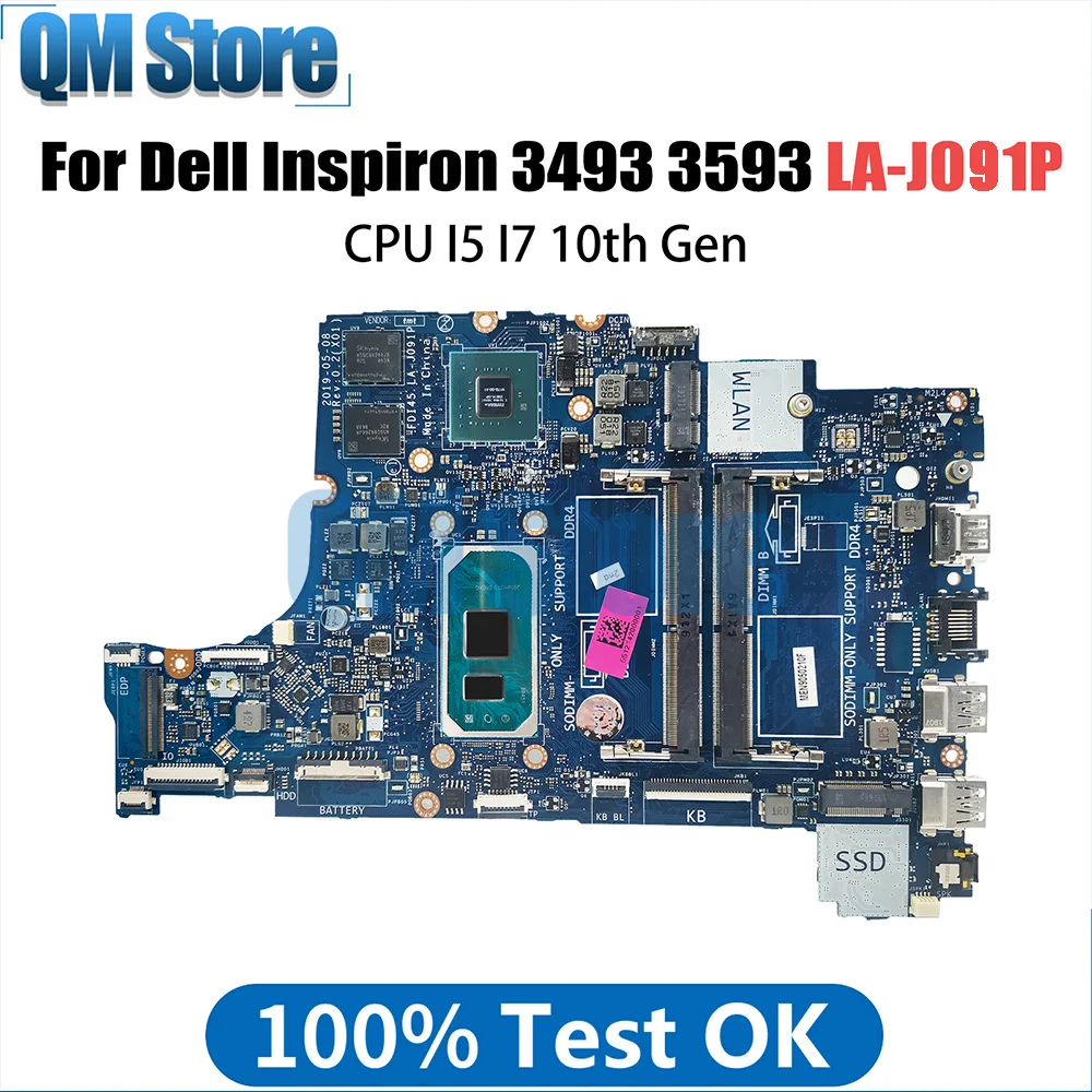 LA-J091P 메인 보드, DELL Inspiron 3493 3593 3793 5493 노트북 마더보드, CPU I5 I7 10 세대 CN-035VMP CN-0N18YD