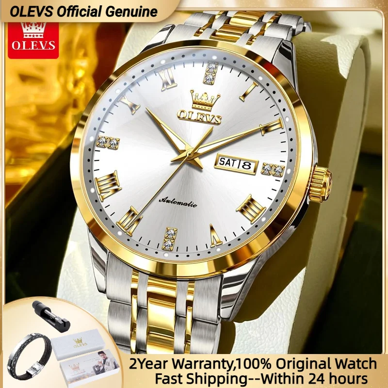 

OLEVS 7062 Мужские часы с римской шкалой и двойным календарем, водонепроницаемый ремешок из нержавеющей стали, новые автоматические механические часы