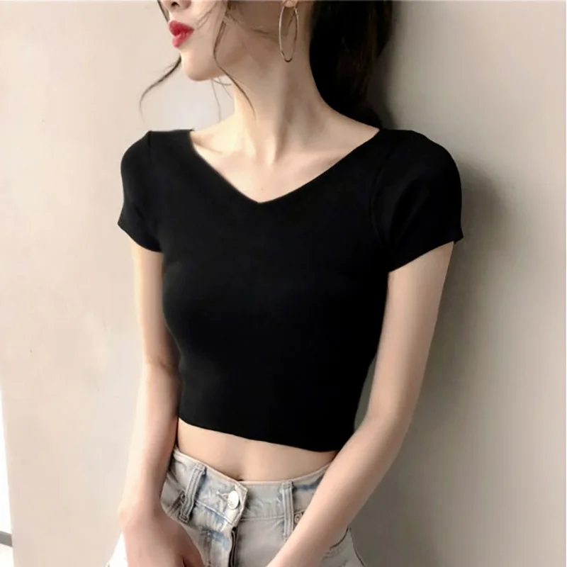 

Pre - And Post Summer V-Neck Women'S Short Sleeved T-Shirt Black And White Solid Color Tight Top New Style