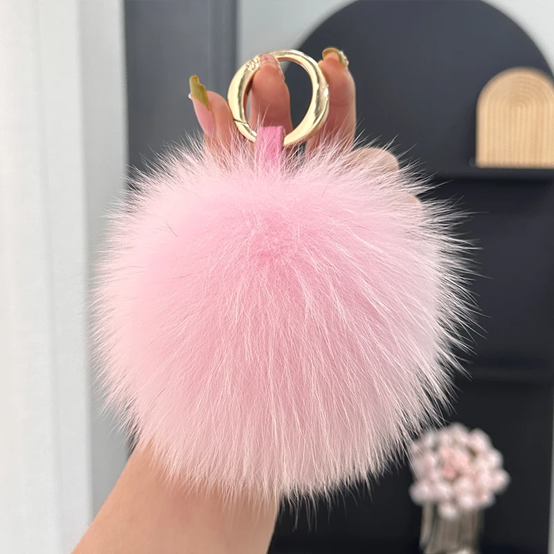 Keychain With Pompoms 15cm Fluffy Real Fox Fur Ball 13cm Fox Pom Backpack Handbag Car Leather Strap Keychain Key Chain