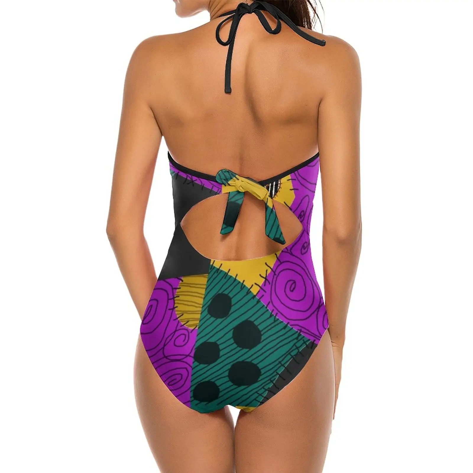 Sally\'S New Patch Women Printed One Piece Swimwear Sexy Backless Swimsuit V Neck Summer Beach Wear Nightmare Before Christmas