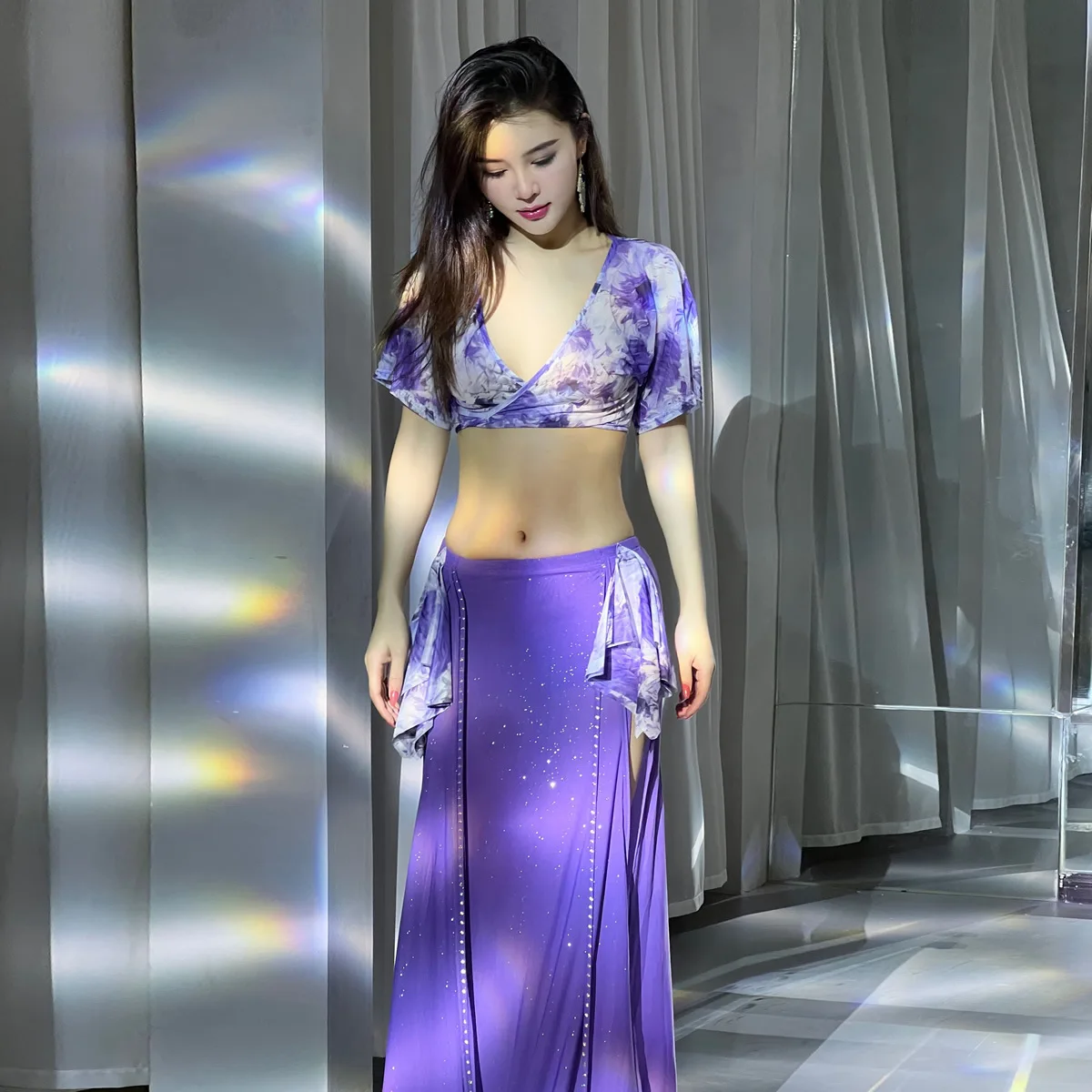 

Hot Sale Hight Quality Women Girls Practice Costume Sexy Summer Print Mesh Belly Dance Set