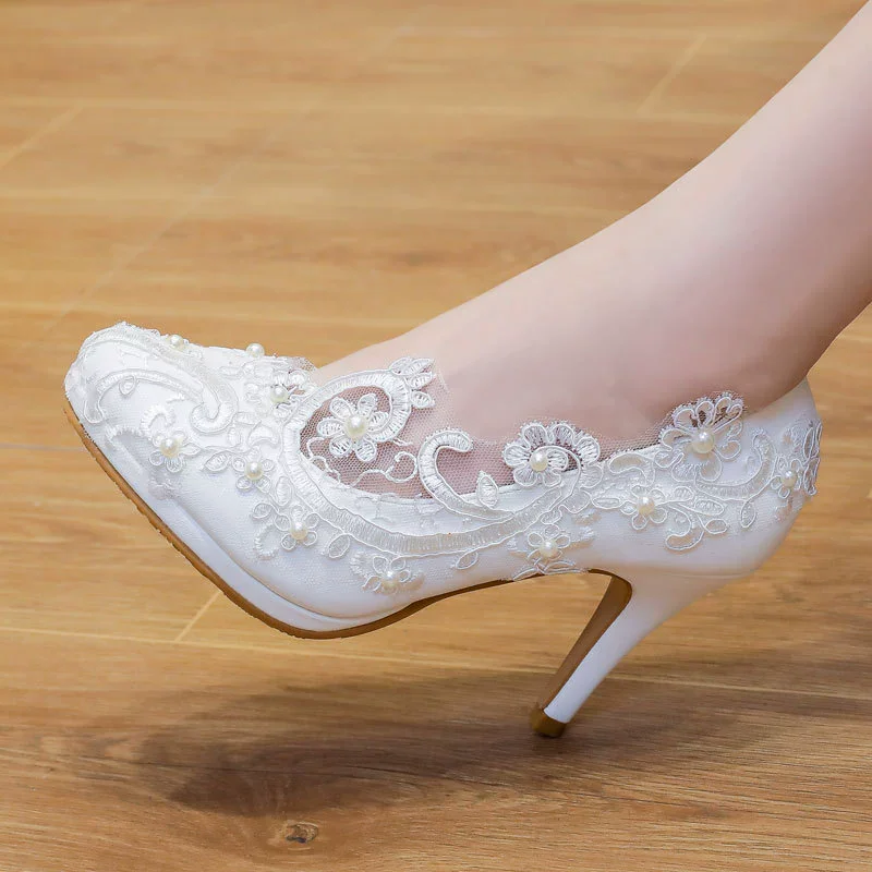 Spring new white lace round toe shallow waterproof platform wedding shoes banquet large size pearl high-high-eeled women's shoes