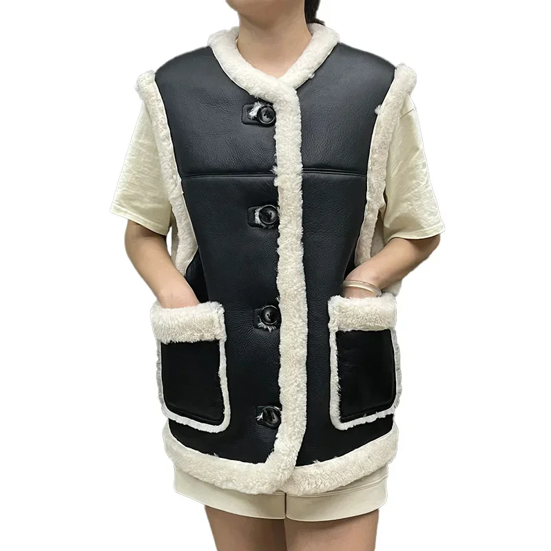 New Fashion Genuine Leather Lamb Fur Vest Warm Reversible Shearling Vest Women Gilet