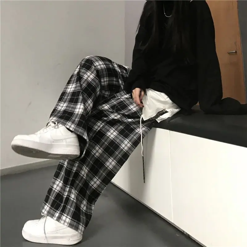 Black and White Plaid Pants Oversize Summer Women Casual Loose Wide Leg Trousers Ins Retro Teen Straight Pants Hiphop Streetwear