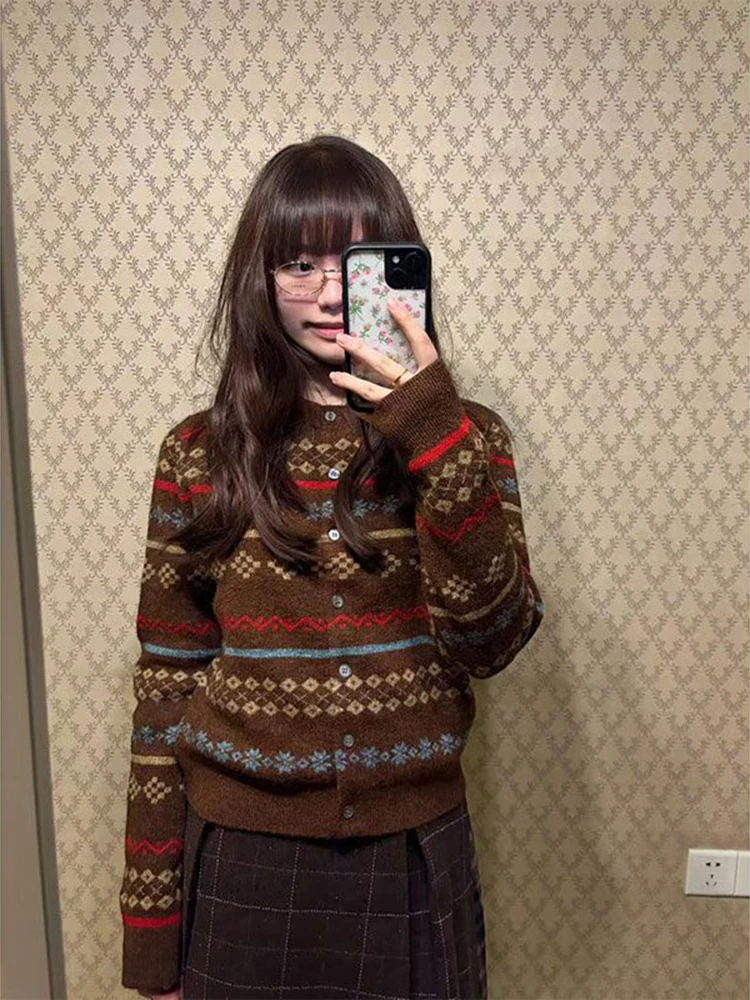 Women Casual Knit Cardigan Vintage Jacquard Long Sleeve Button Knitwear Sweater Loose Retro Print Autumn Winter Cropped Outwear