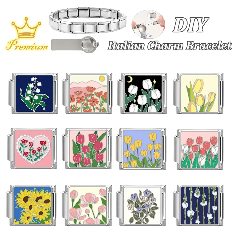 Fashion Pink Flowers Series Tulip Heart Lily of the valley Italian Charm Links Fit 9mm Bracelet Stainless Steel Women DIY Making