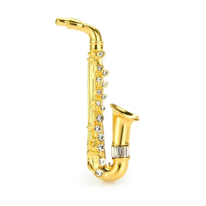 Fashion Golden Metal Saxophone Instrument Brooches For Women Men Rhinestone Brooch Pins Office Party Jewelry Accessories Gift