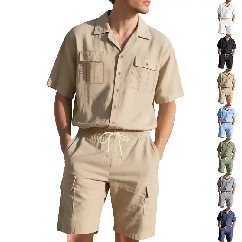 

Summer Sport Casual Pure Color Short Sleeve Shirt And Short Pants Two-Piece Set Loose Fit Comfortable Men's Clothing