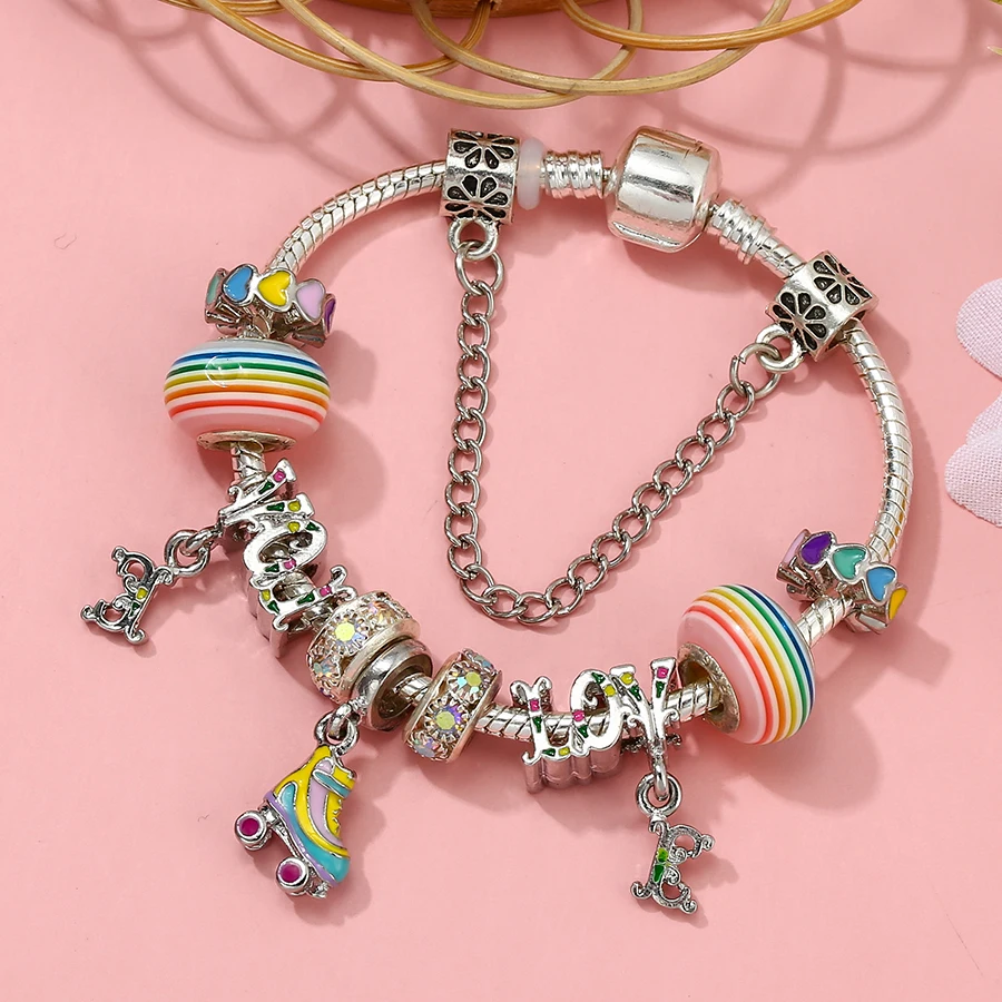 Seialoy Rainbow LOVE Beaded Roller Skates Charm Bracelets For Women Heart Beads Silver Color Bangle Jewelry Gifts