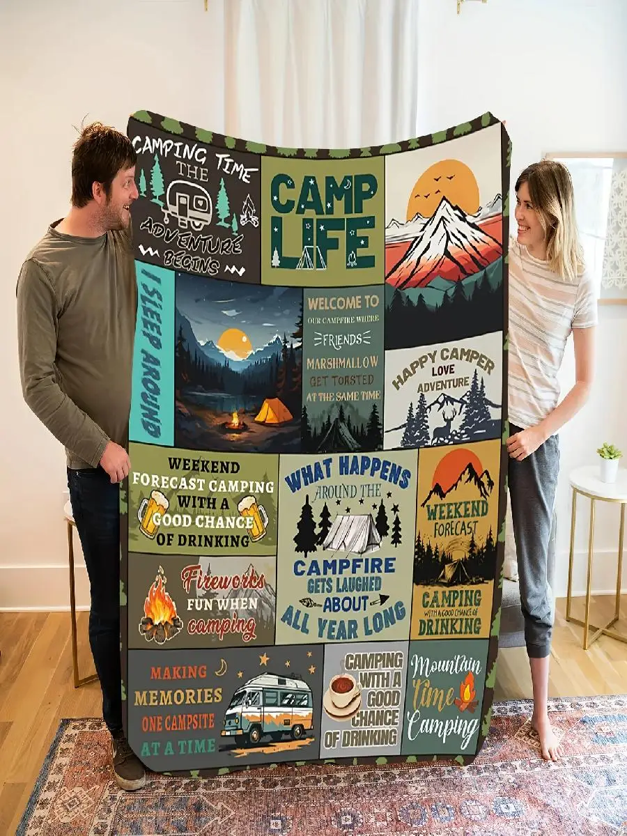 Cozy Camping Life Flannel Throw  Soft Warm Blanket with Vibrant Scenes Campfires Forests Mountain Sunrises  More