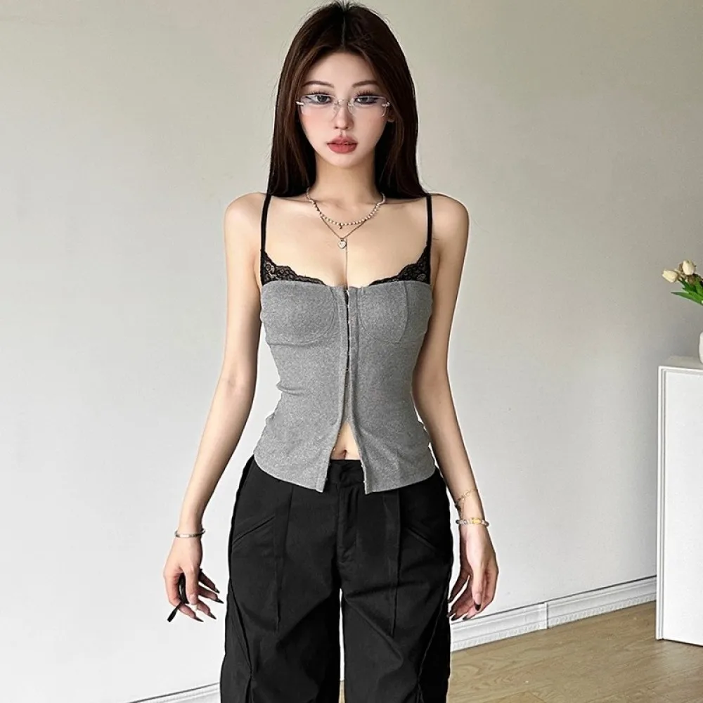SylCue Lace Patchwork Camisole Tops Woman Low-Neck Backless Hidden Slasp Navel Exposed Design Hot Girls Sexy Fashion Tank Tops