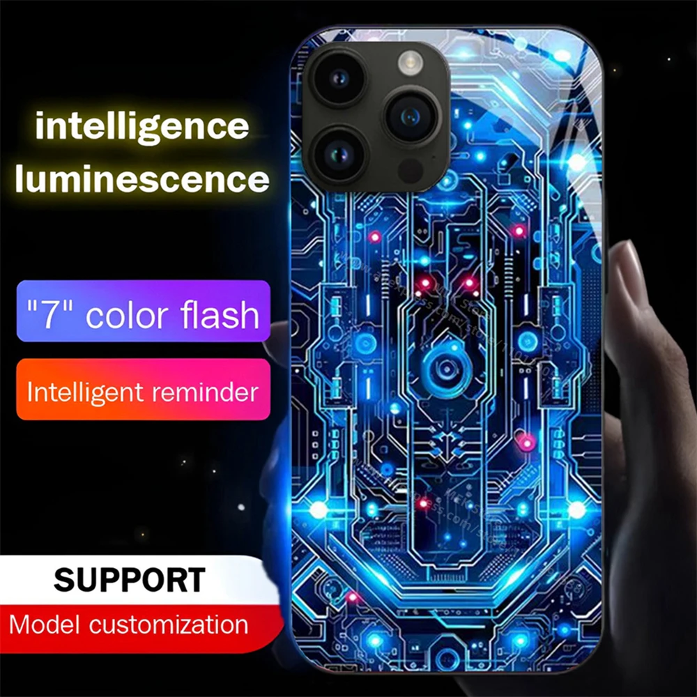 Trend Cyber Chip Circuit Design Led Light Phone Case Call Flash Glitter Cover For iPhone Air 17 16 15 14 13 12 11 Pro Max Plus