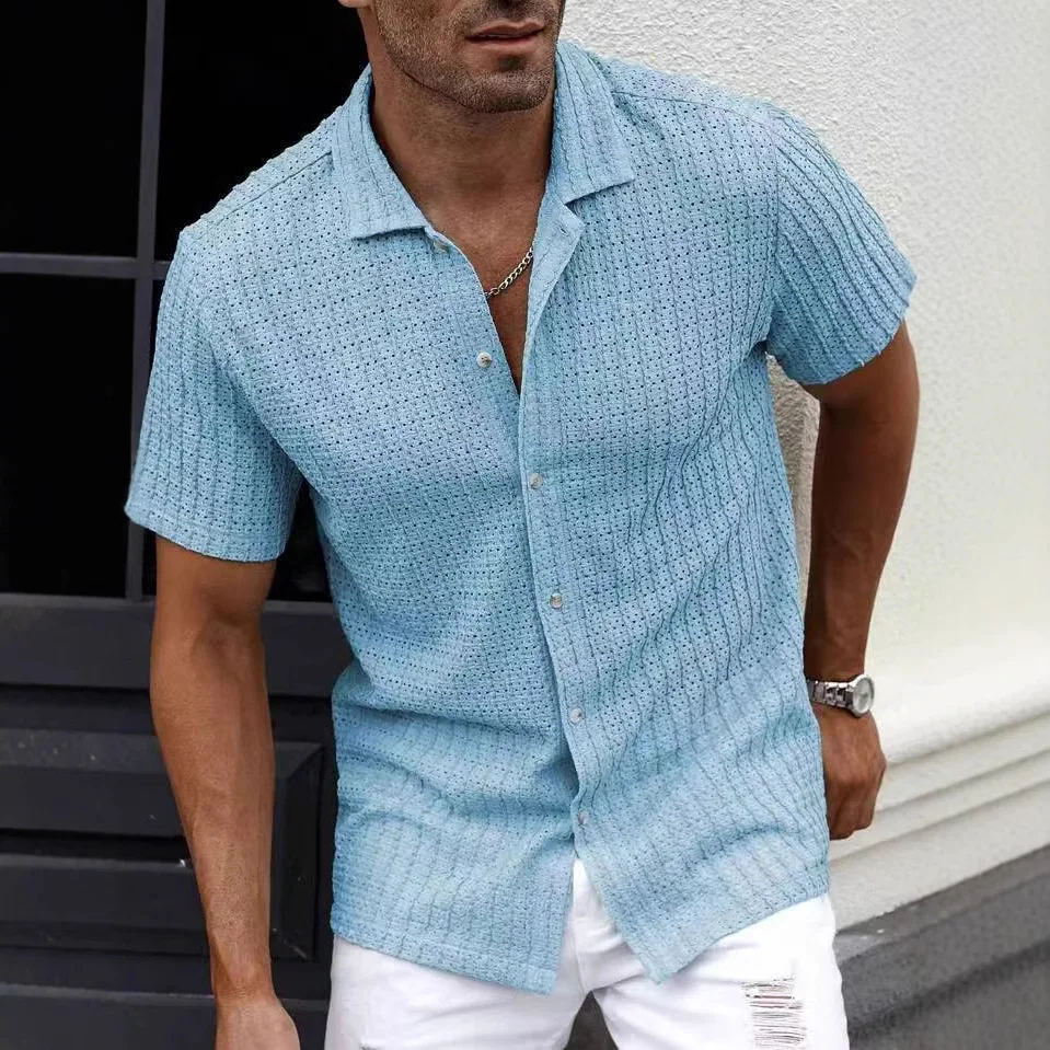 European and American summer casual men's shirt short sleeved fashionable hollow solid color jacquard cardigan top for men