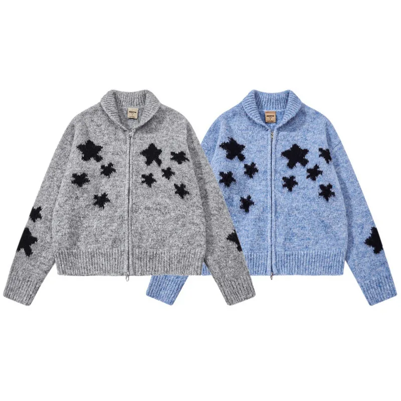 Men's fashionable versatile double zipper cardigan with a design sense of five pointed star jacquard loose casual knit sweater