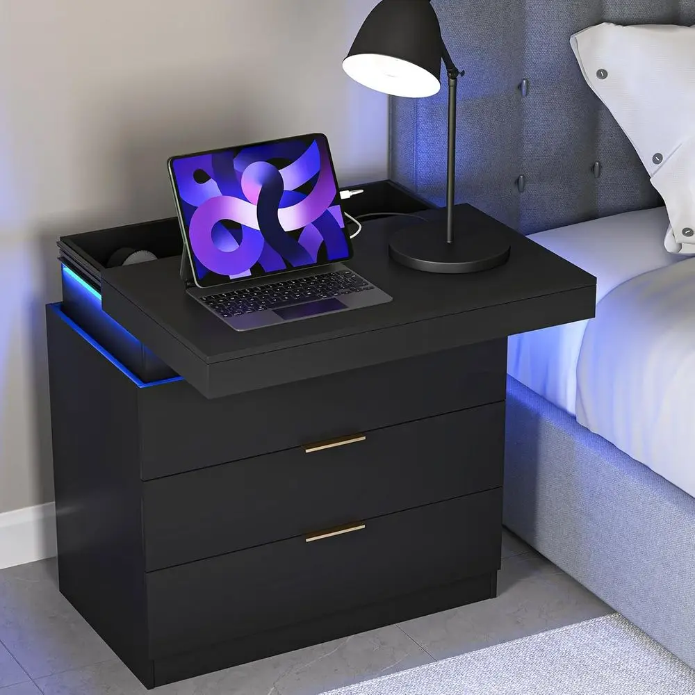 Night Stand with Station and LED Lights,3 Ders Nightstands with Sliding Top,ern Bede Table with Storage,Wooden End Table or Mult